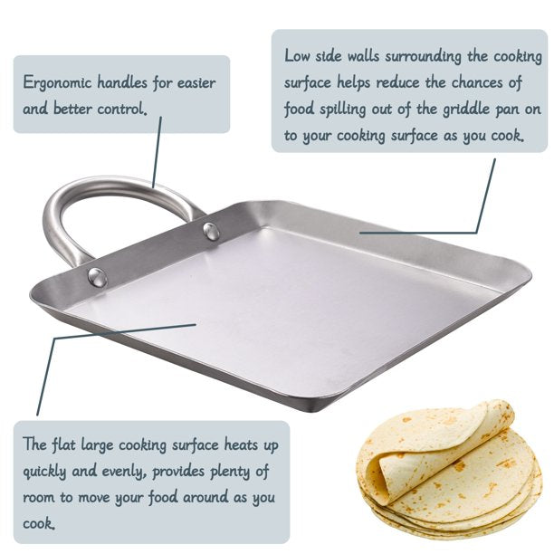8.5" Stainless Steel Flat Square Fry Pan Comal