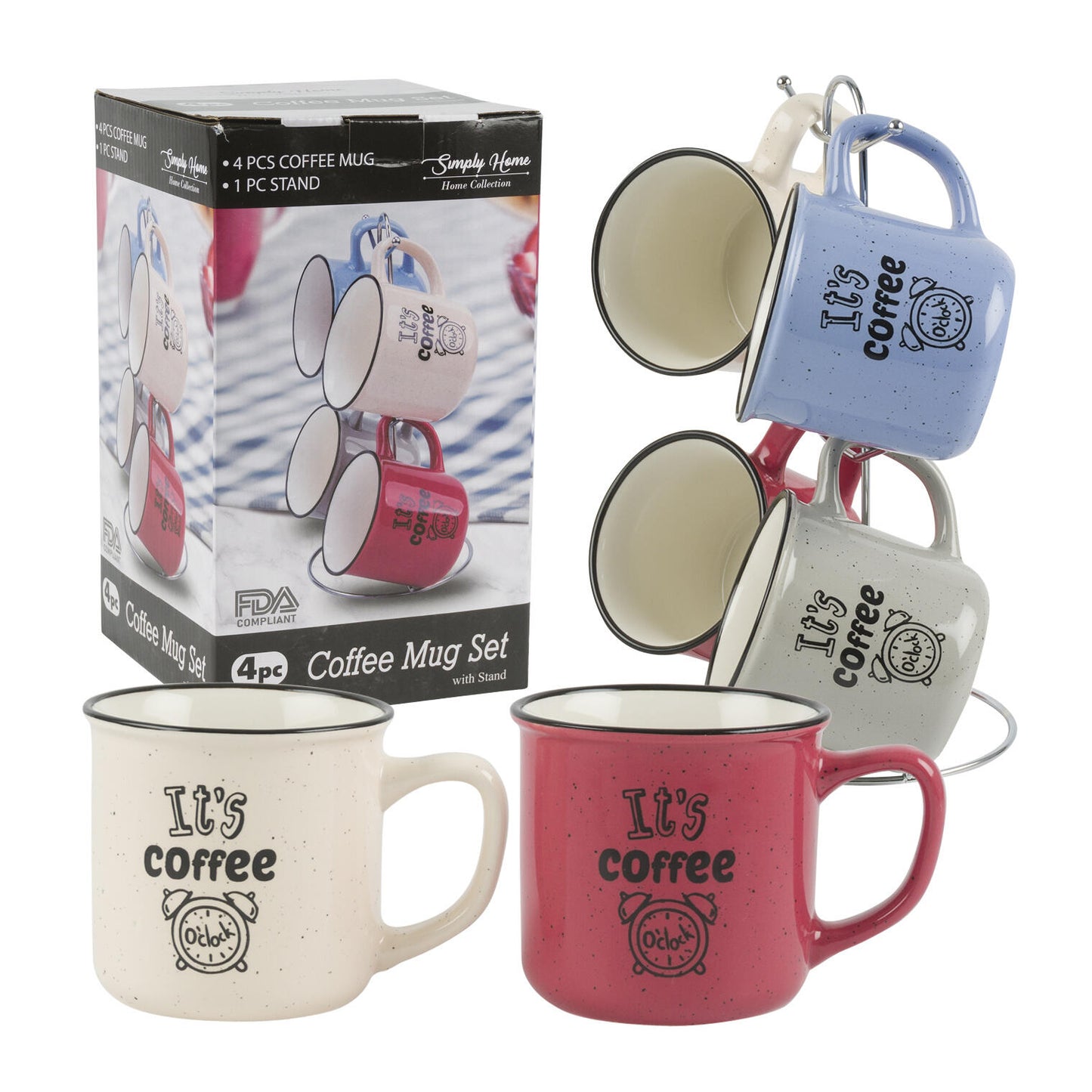 4 PC It's Coffee Time Print Coffee Mug Set With Stand