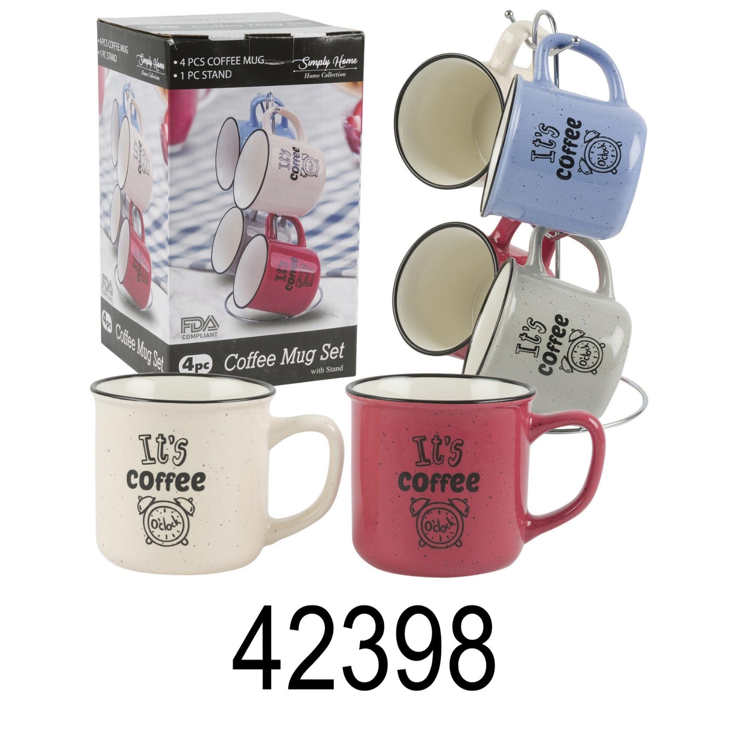 4 PC It's Coffee Time Print Coffee Mug Set With Stand