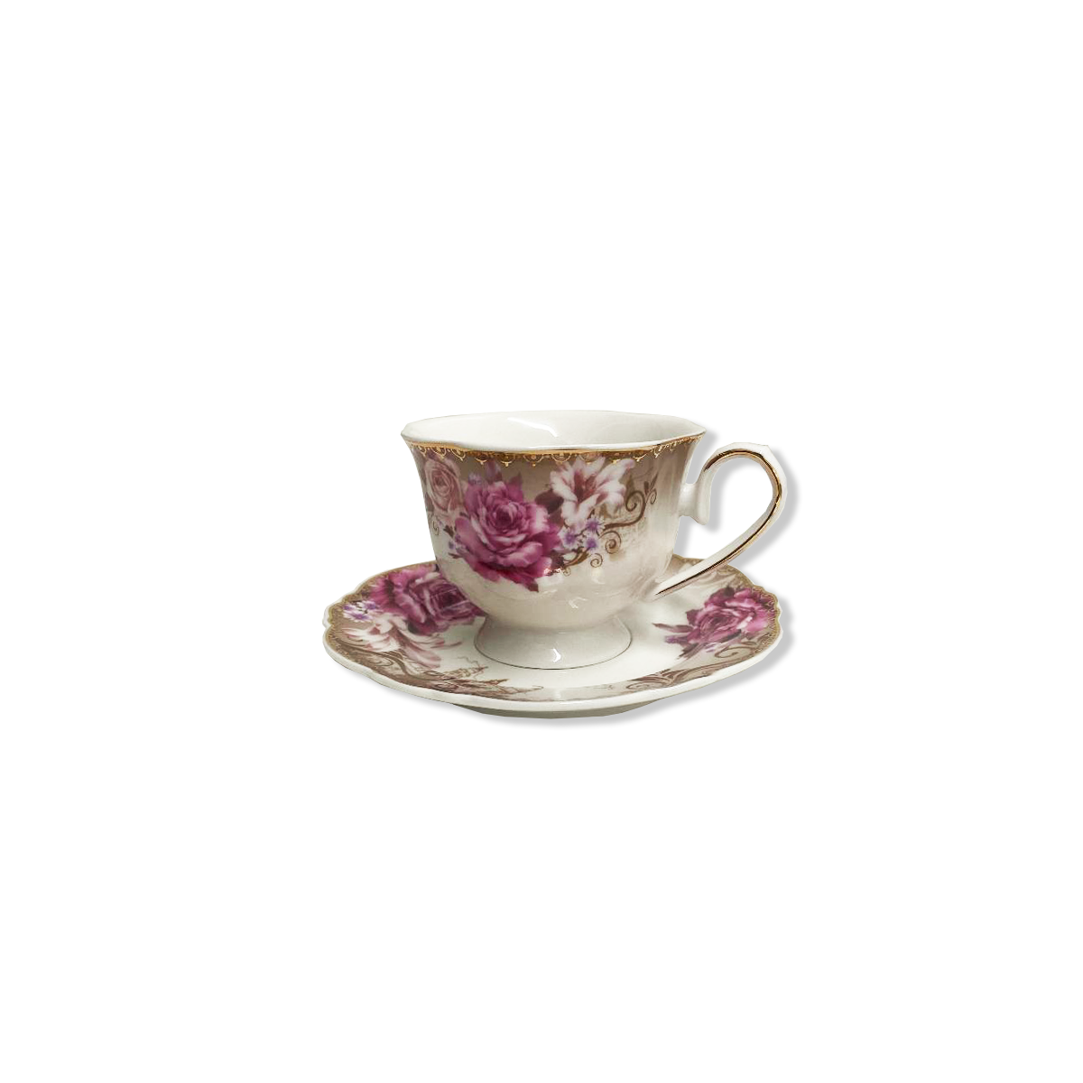 12 PC Purple Rose Tea Cup & Saucers Set