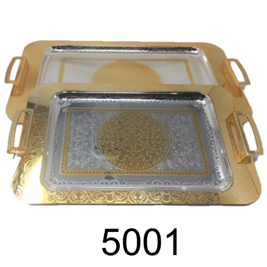 2 PC Serving Tray Set Gold Handle and Chrome Plated