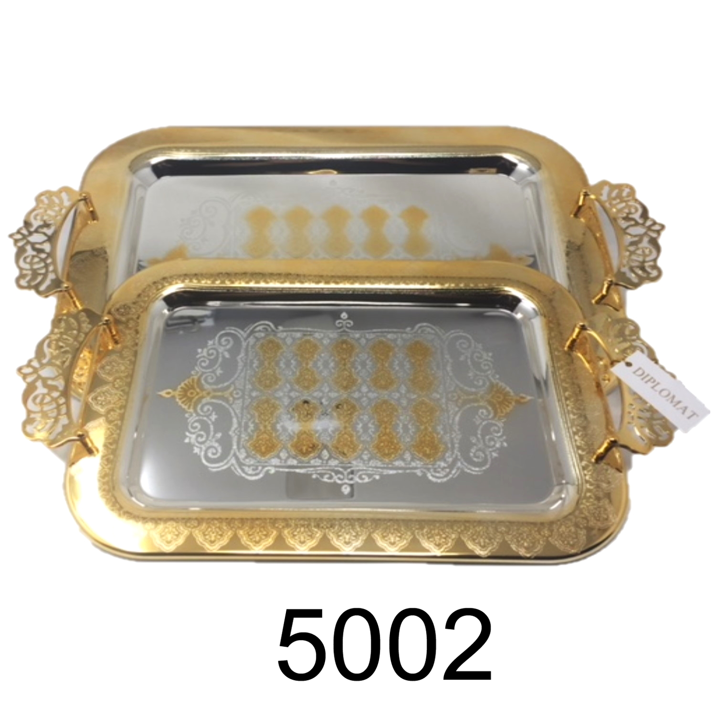 2 PC Serving Tea Tray Set Gold Handle and Accents Chrome Plated
