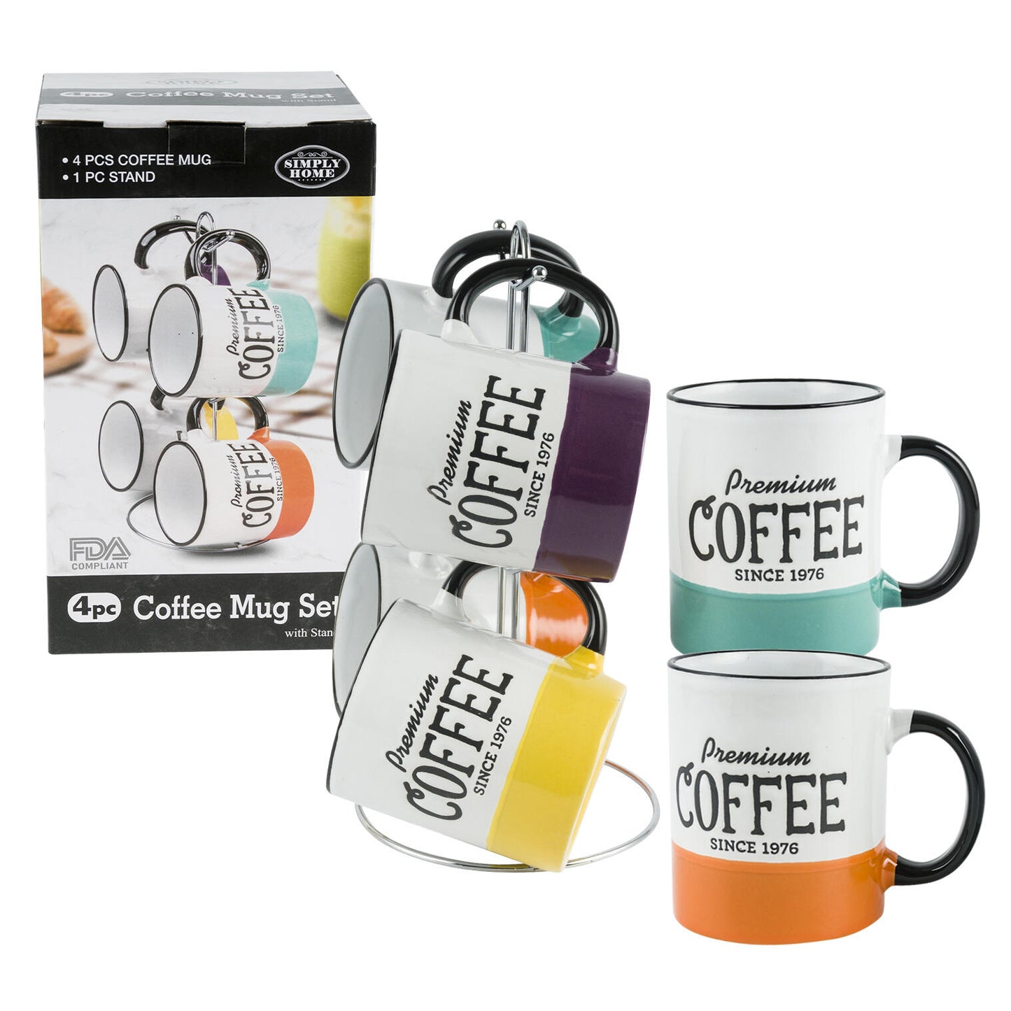 4 PC Premium Coffee Since 1976 Mug Set With Stand