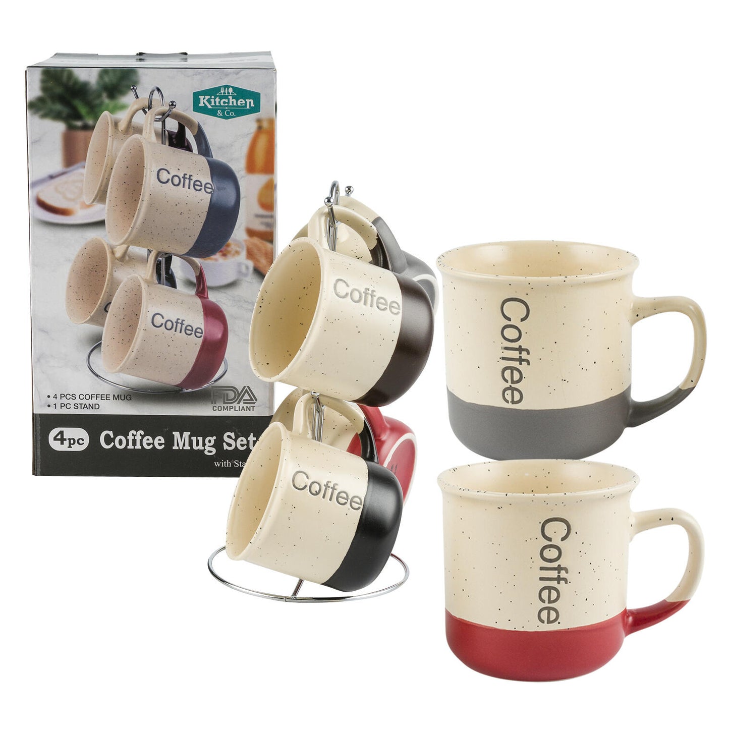 4 PC Coffee Print Coffee Mug Set With Stand