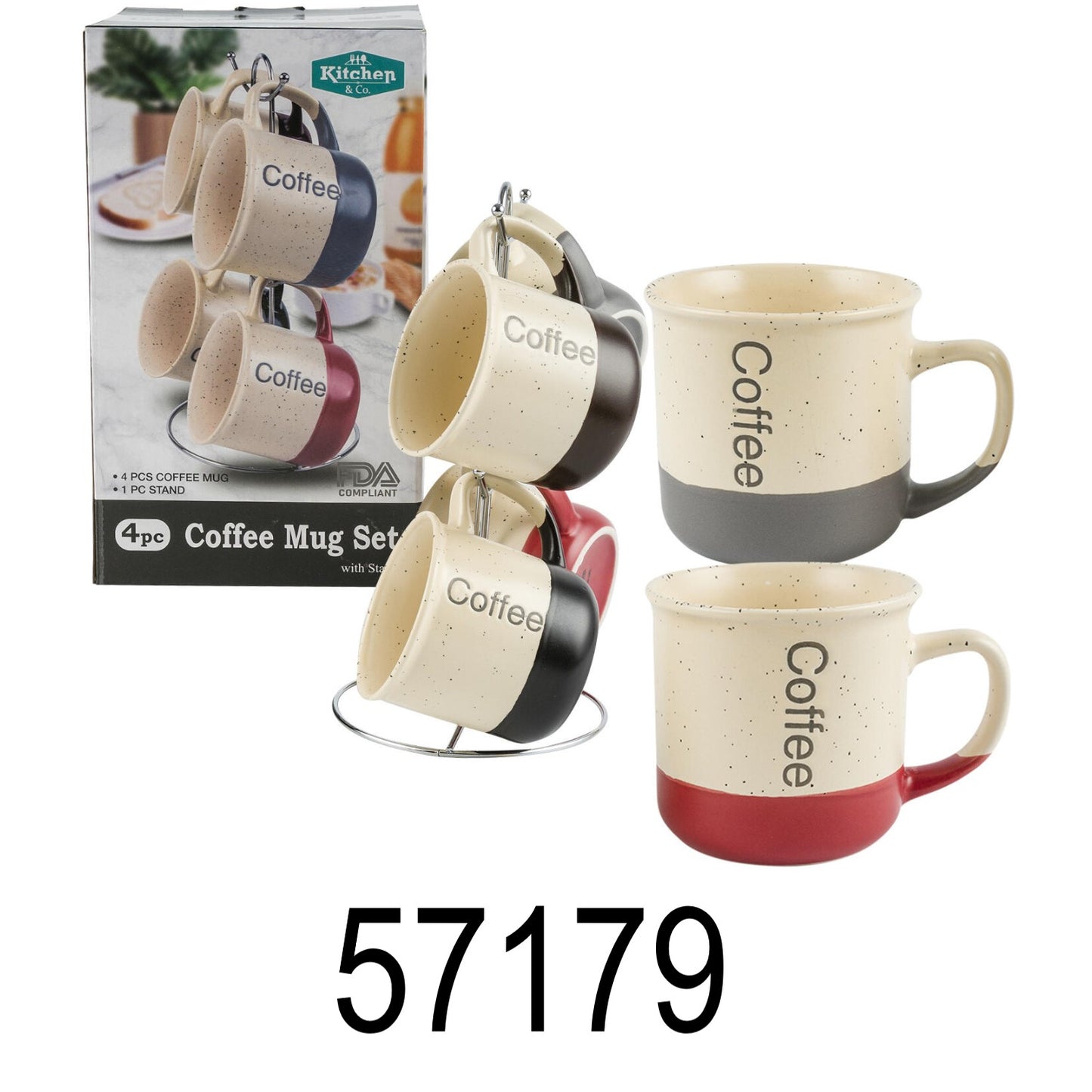 4 PC Coffee Print Coffee Mug Set With Stand