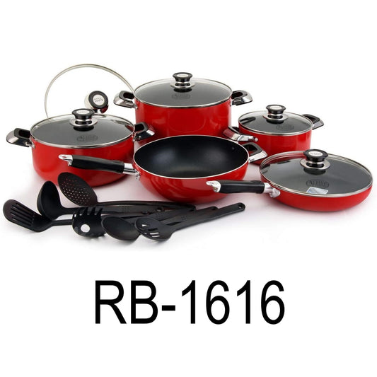 16 PC Red Non-stick Aluminum Cookware Set