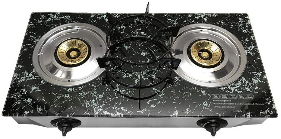 Propane Gas Double Burner Stove Marble Print Tempered Glass – R