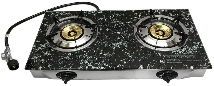 Propane Gas Double Burner Stove Marble Print Tempered Glass