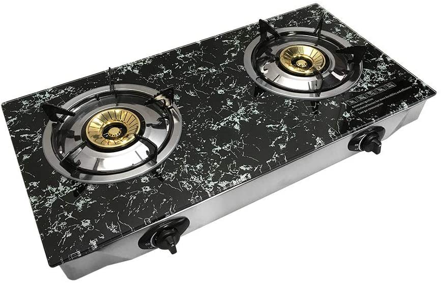 Propane Gas Double Burner Stove Marble Print Tempered Glass