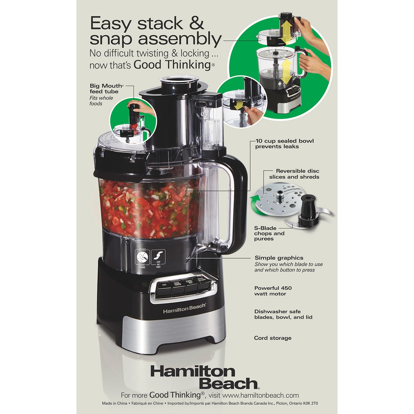 Hamilton Beach 10-Cup Stack & Snap Food Processor with Big Mouth, Black & Stainless