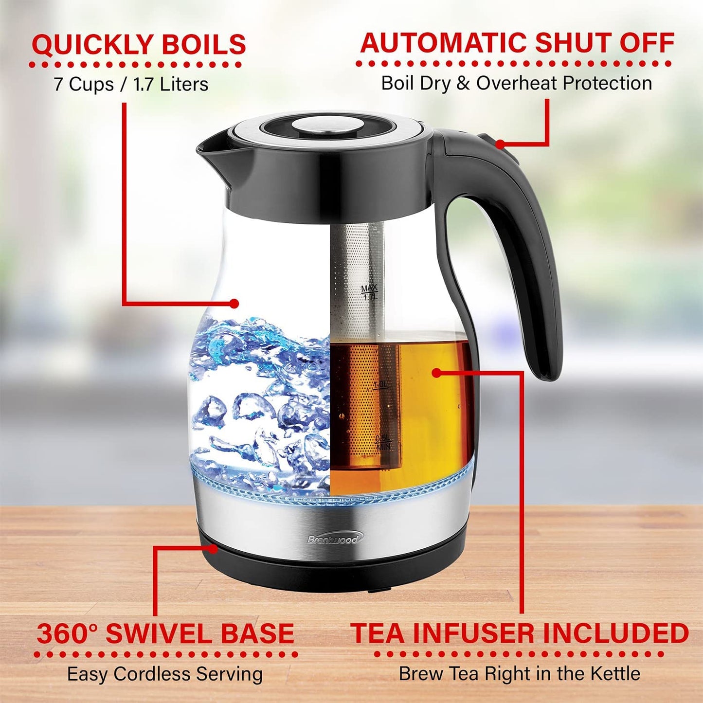 1.7L Cordless Glass Electric Kettle With Tea Infuser