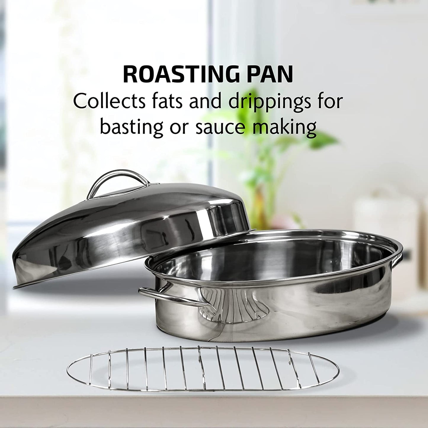 16.5" Stainless Steel Oval Turkey Roaster With Rack & Lid