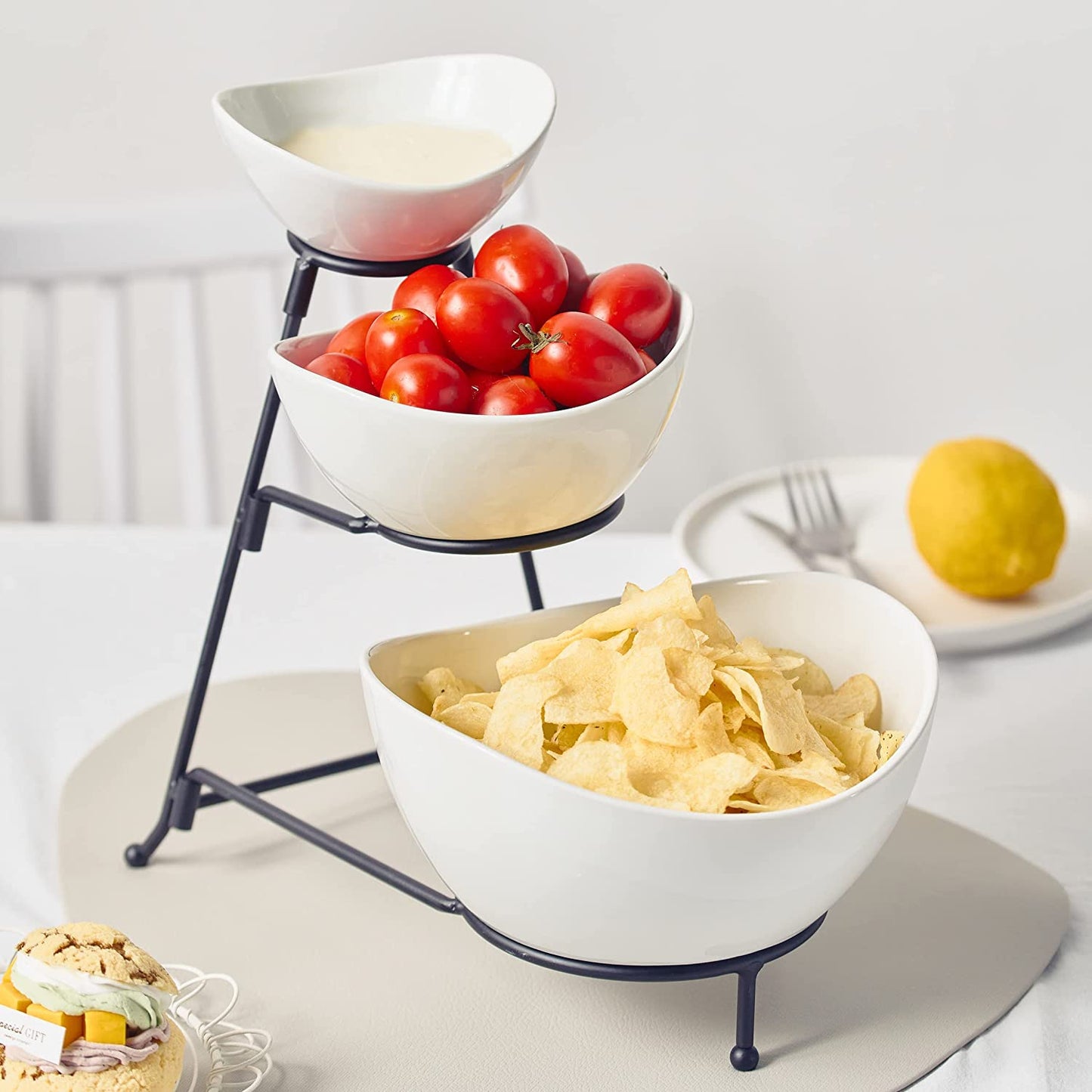 3-Tiered Oval Serving Bowl With Collapsible Metal Rack
