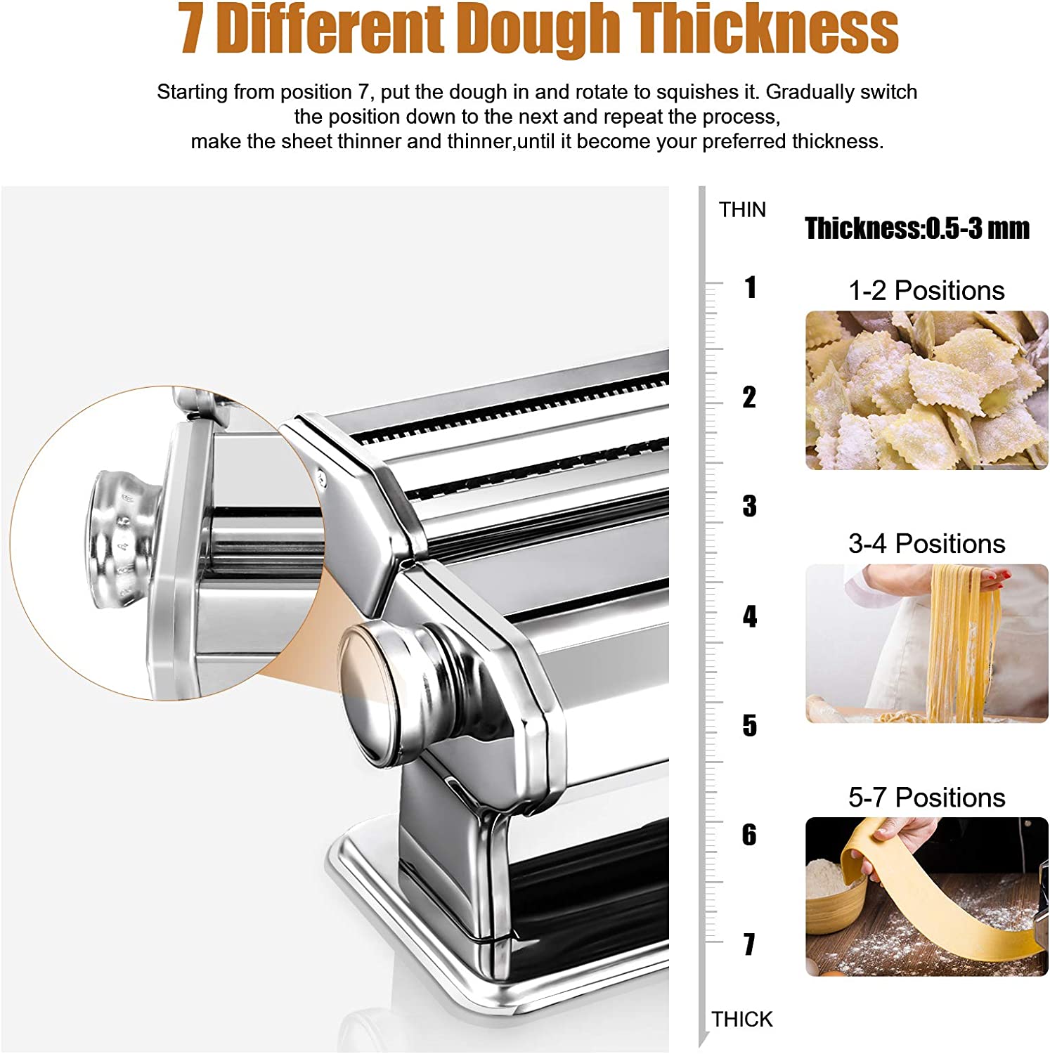 Stainless Steel Manual Roller Pasta Maker Machine Adjustable Thickness  Settings
