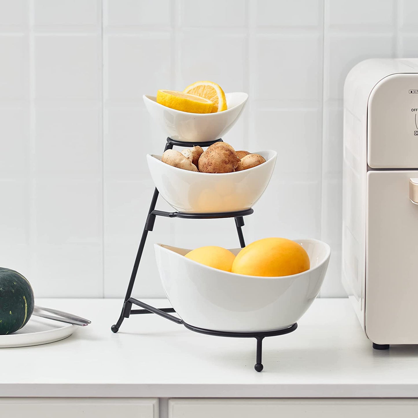 3-Tiered Oval Serving Bowl With Collapsible Metal Rack