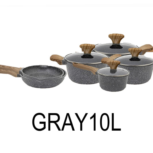 10 PC Gray Die Casting Marble Casserole & Fry Pan Set
