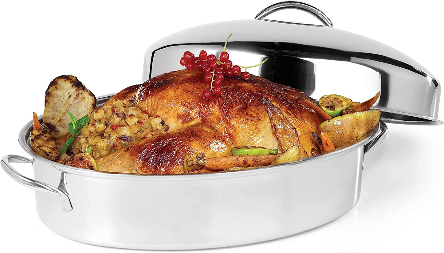 16.5" Stainless Steel Oval Turkey Roaster With Rack & Lid