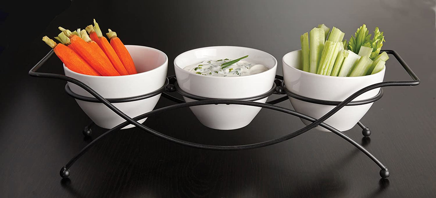 4 PC Stoneware Tidbit Dish Set with Metal Rack