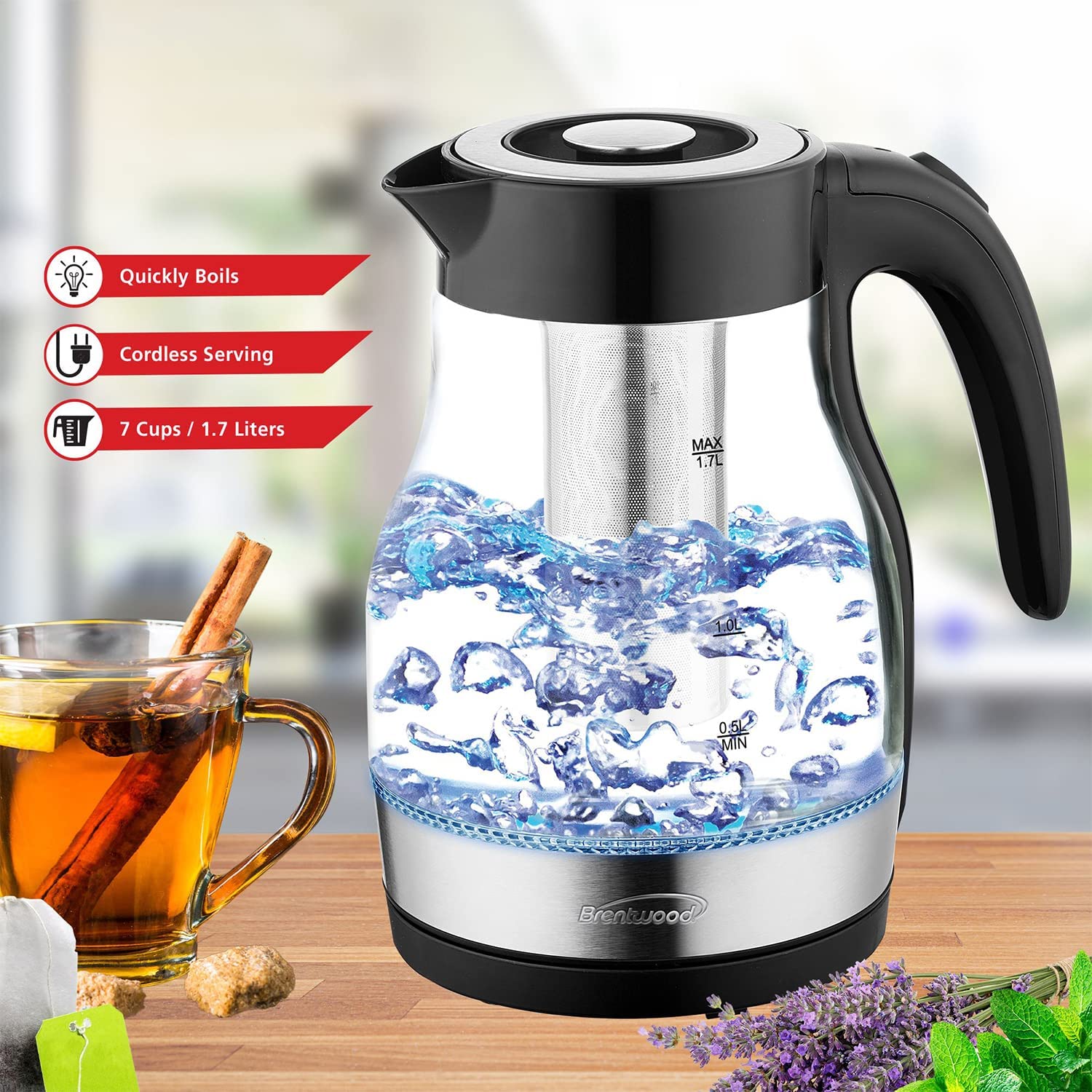 Ovente Electric Glass Hot Water Kettle 1.7 Liter Teapot Infuser