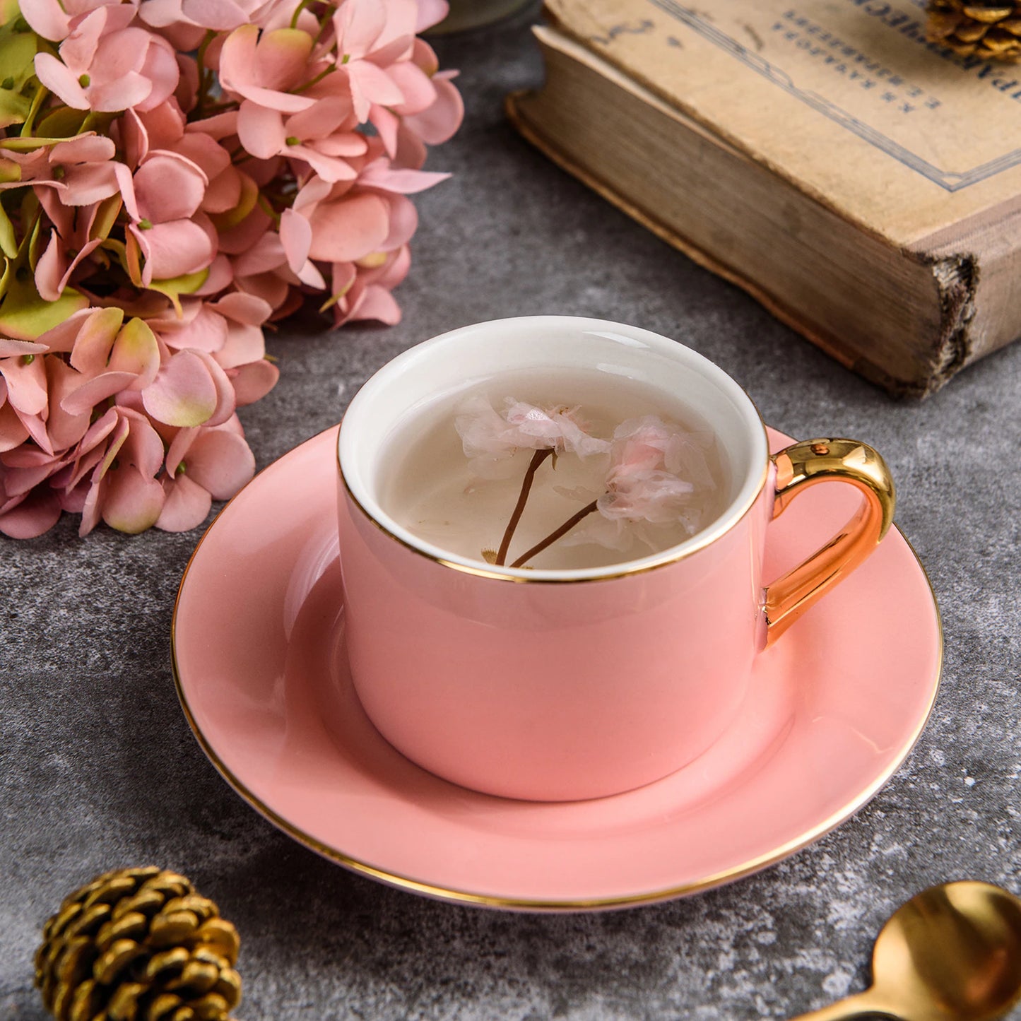 12 PC Matte Pink & Gold Coffee Set