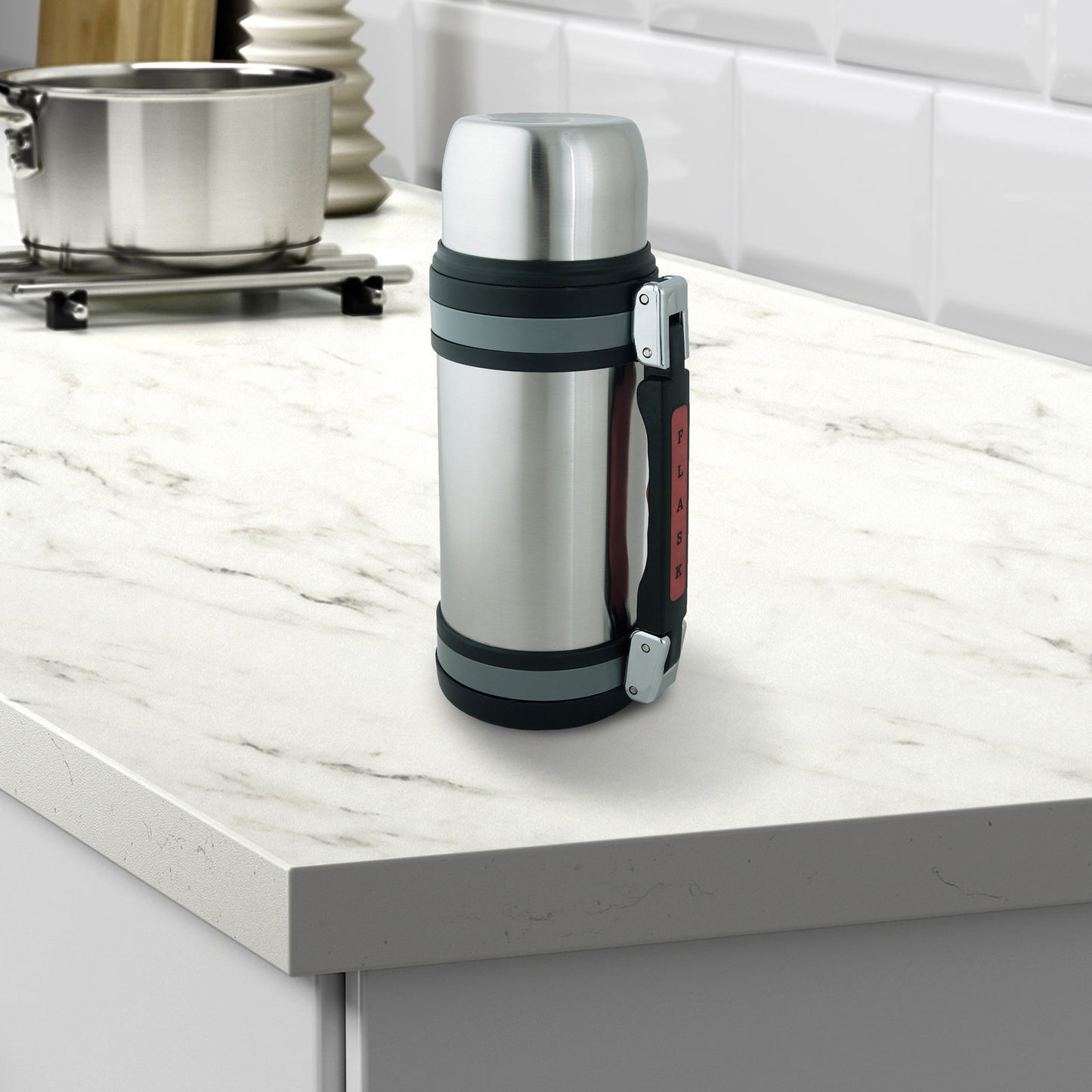 1000ml Silver Insulated Travel Pot Wide Mouth Water Bottle