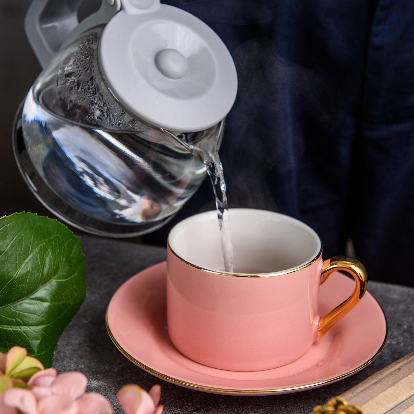 12 PC Matte Pink & Gold Coffee Set