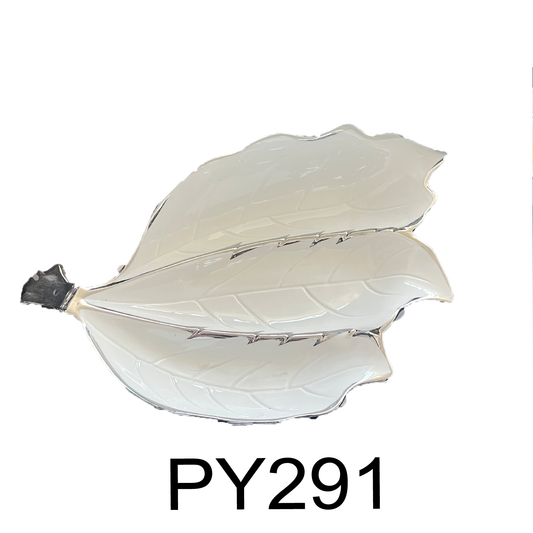 White Porcelain Leaf Dish With Silver Line