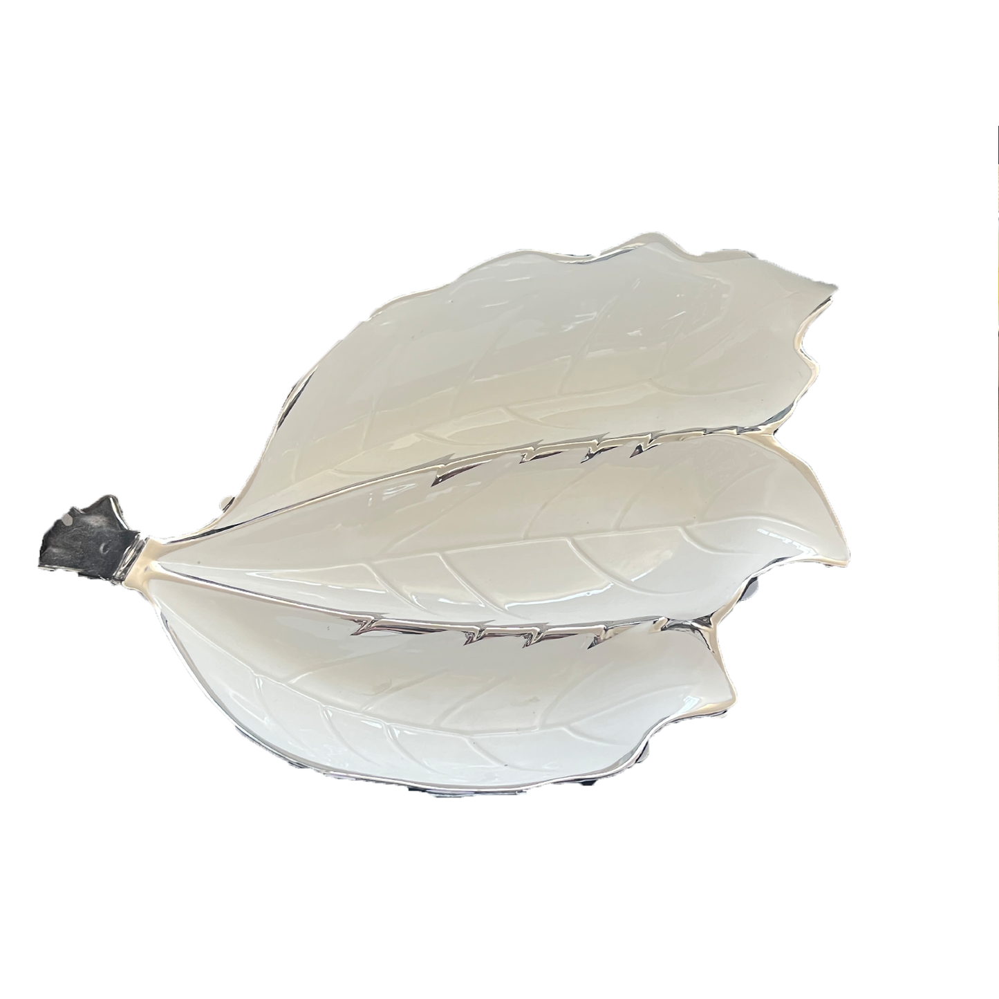 White Porcelain Leaf Dish With Silver Line