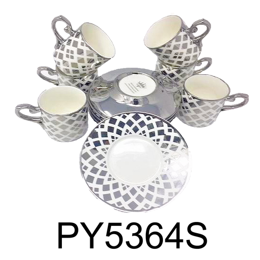 12 PC White & Silver Classic Coffee/ Tea/ Espresso Cups & Saucers