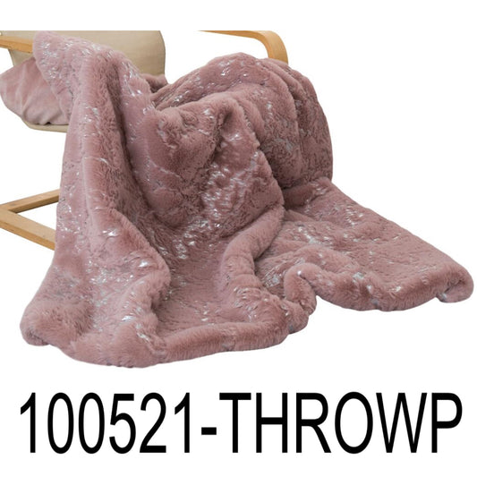Rose Silver Faux Fur Glow Fluffy Extra Soft Shimmery Foil Illuminating Effect Throw Blanket