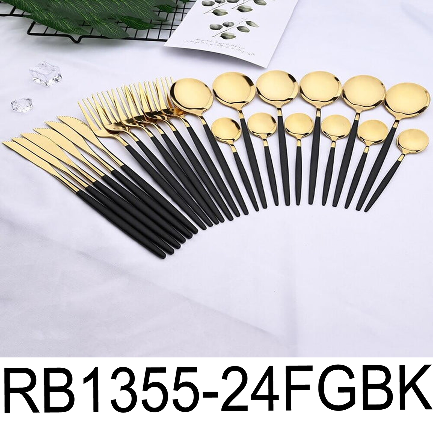 24 PC Classic Gold Cutlery w/ Black Handle Set