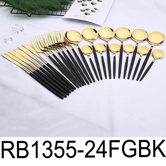 24 PC Classic  Gold Cutlery w/ Black Handle Set