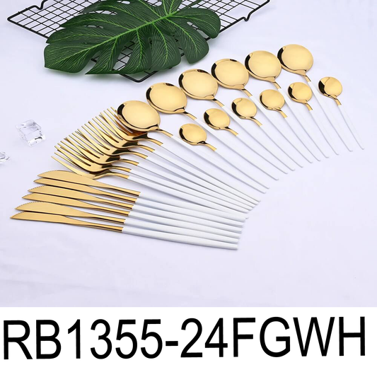 24 PC Classic  Gold Cutlery w/ White Handle Set