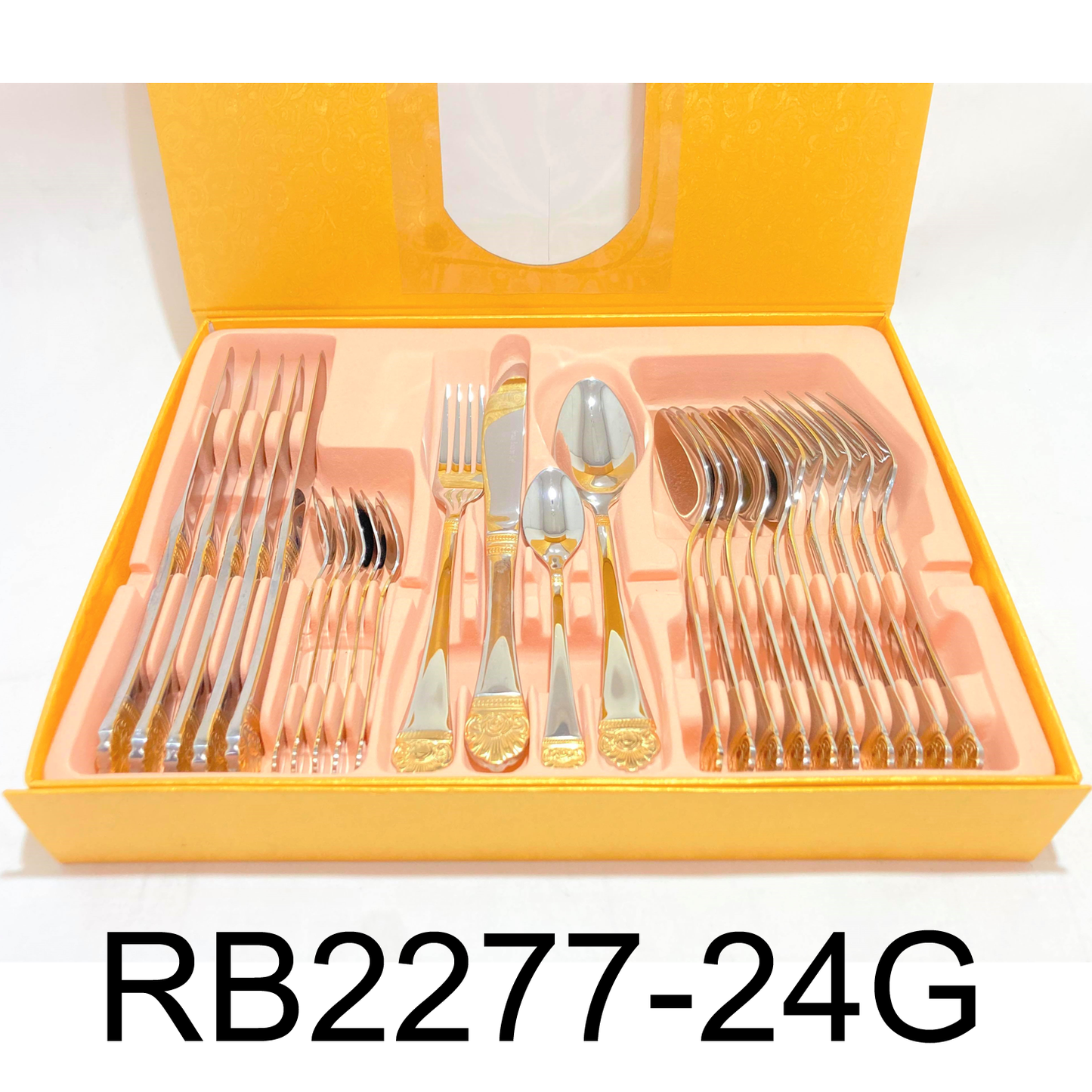 24 PC Flower Design Stainless Steel Silver & Gold Cutlery Set