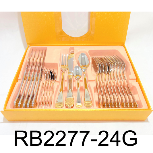 24 PC Flower Design Stainless Steel Silver & Gold Cutlery Set