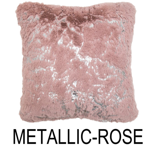 Rose Silver Faux Fur Glow Fluffy Extra Soft Shimmery Foil Illuminating Effect Throw Pillow