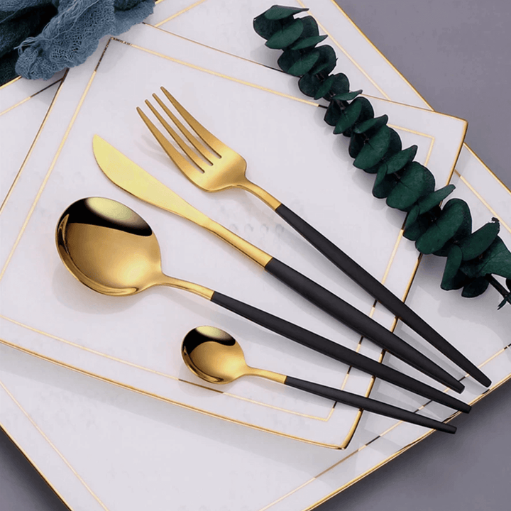 24 PC Classic Gold Cutlery w/ Black Handle Set