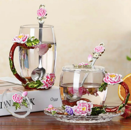 2 PC Pink Rose Glass Tea Cup Mug / Coffee Drinking Mugs