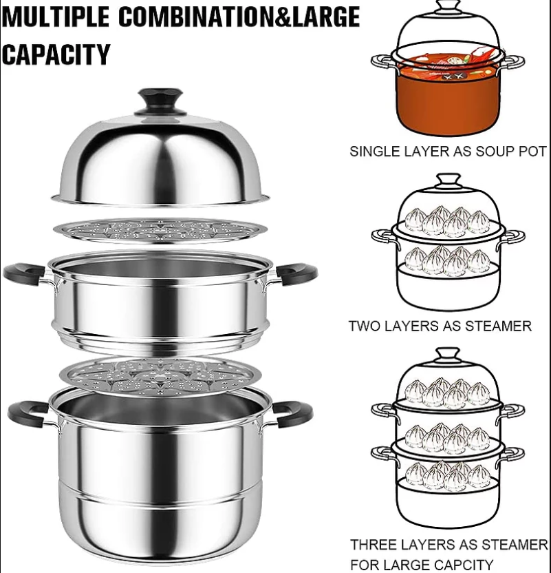 1 Sets Layer 2 Tiers Stainless Steel Food Steamer Pot Soup Steam