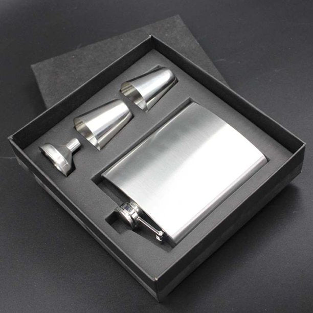 8 Oz Stainless Steel Hip Flask Set In Black Gift Box