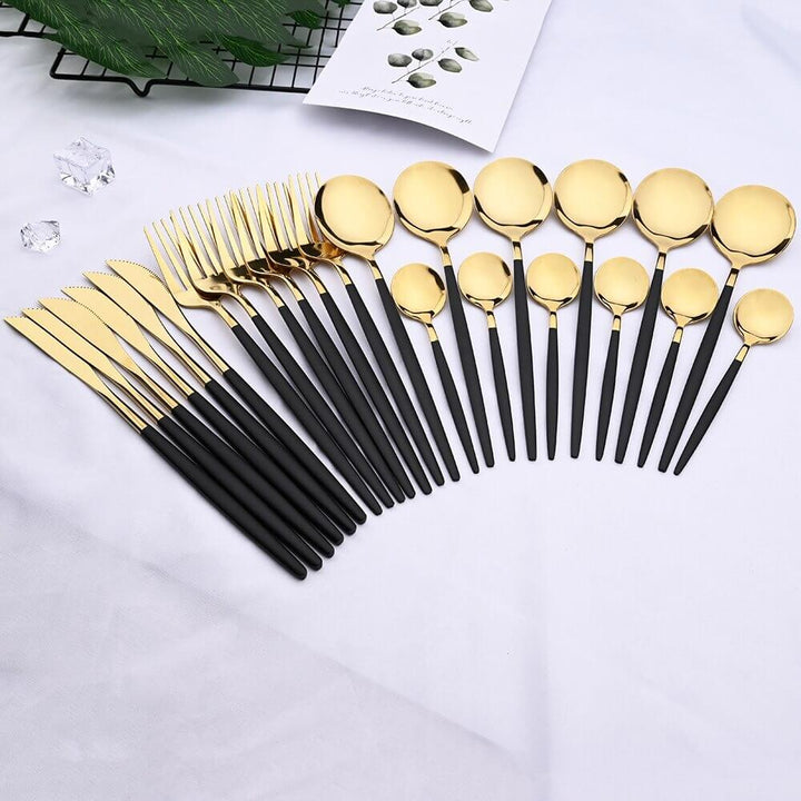 24 PC Classic Gold Cutlery w/ Black Handle Set