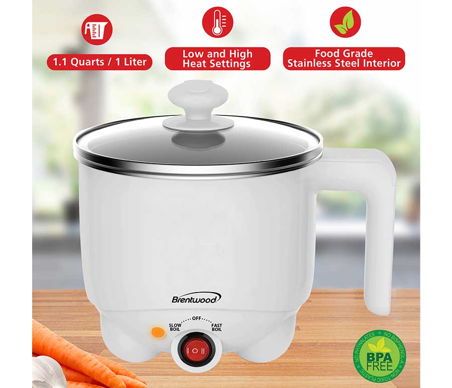 Brentwood 1.1 qt Stainless Steel Electric Hot Pot Cooker and Food Steamer,  White 