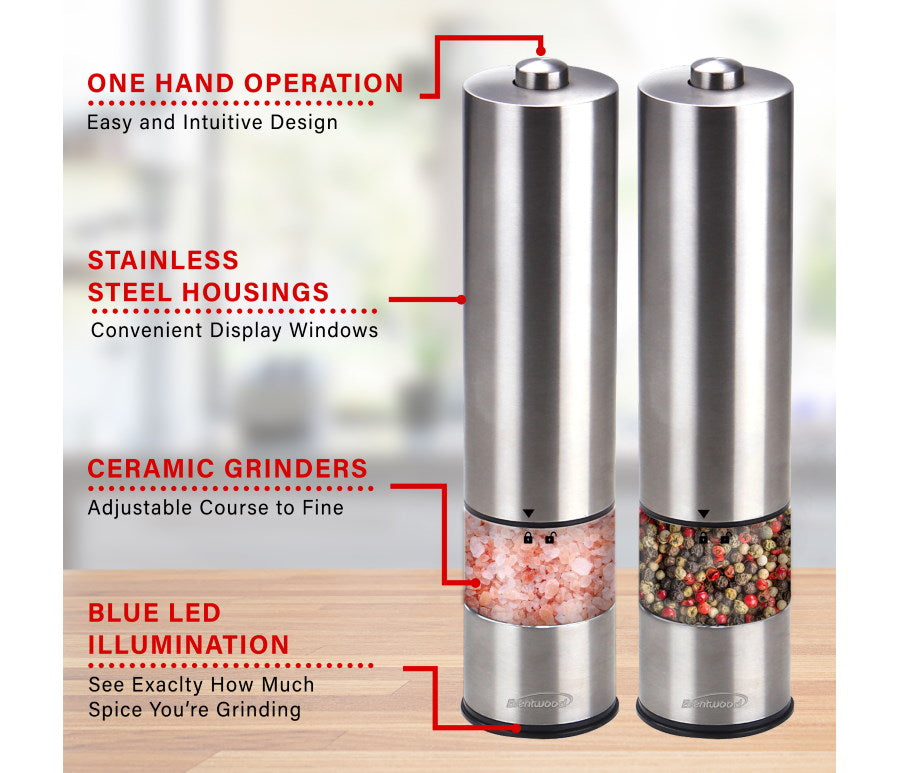Brentwood Electronic Salt & Pepper Mills Adjustable Ceramic Grinders