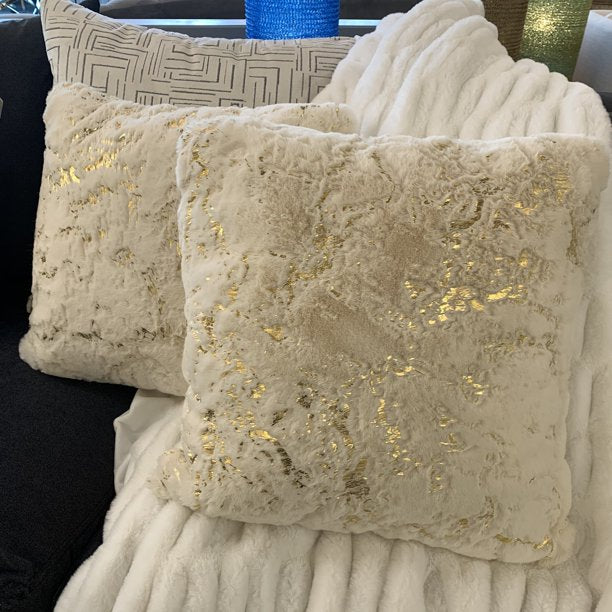 Golden Scattered Faux Fur Glow Fluffy Extra Soft Shimmery Foil Throw Pillow
