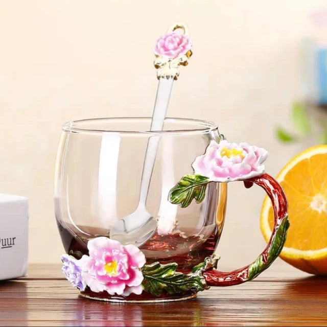 2 PC Pink Rose Glass Tea Cup Mug / Coffee Drinking Mugs – R & B Import