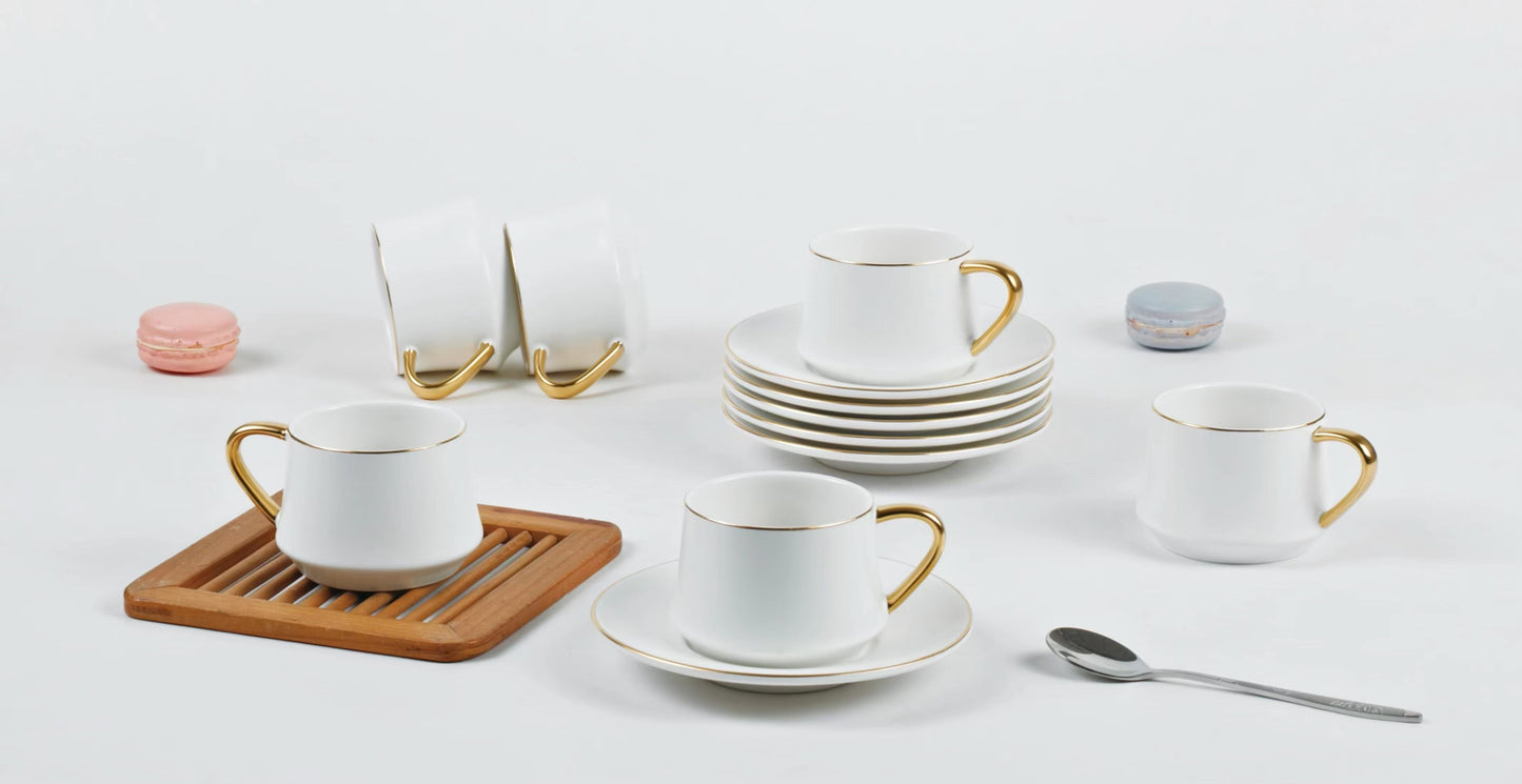 12 PC Matte White & Gold Coffee Set