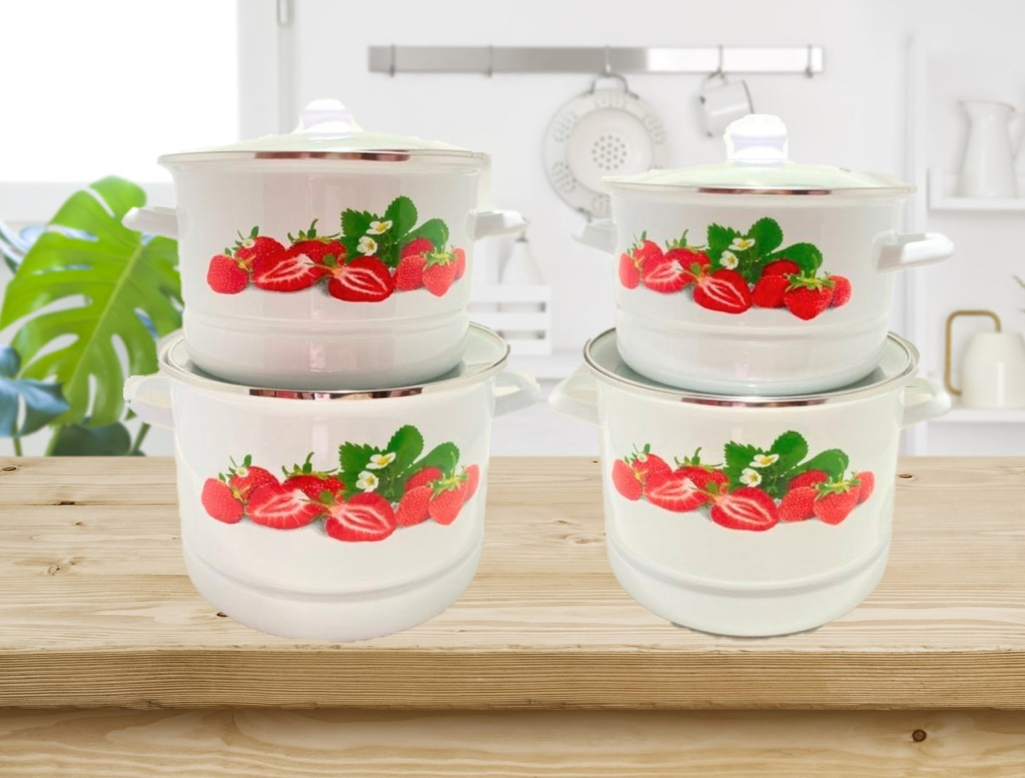 8 PC Strawberry Stock Pot Enamel With Steamer
