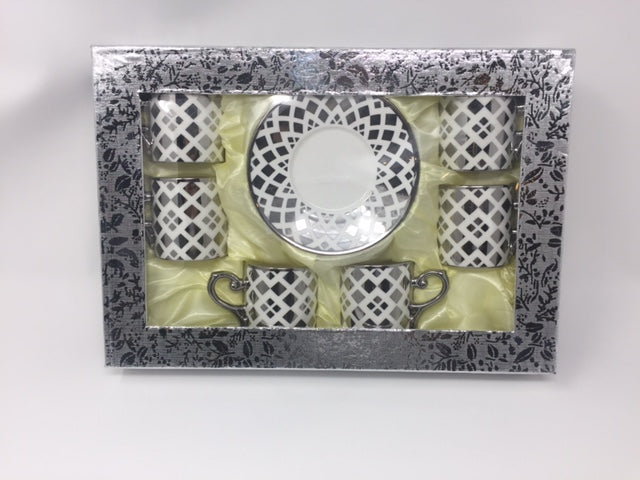 12 PC White & Silver Classic Coffee/ Tea/ Espresso Cups & Saucers
