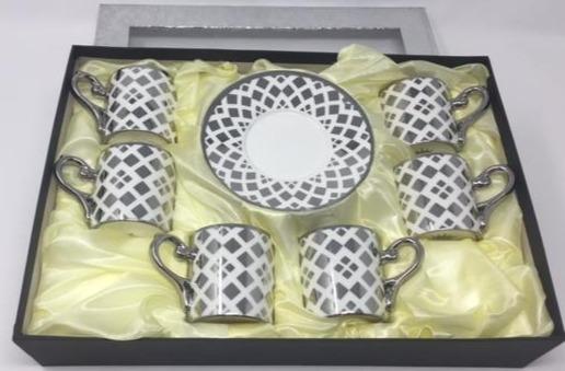 12 PC White & Silver Classic Coffee/ Tea/ Espresso Cups & Saucers