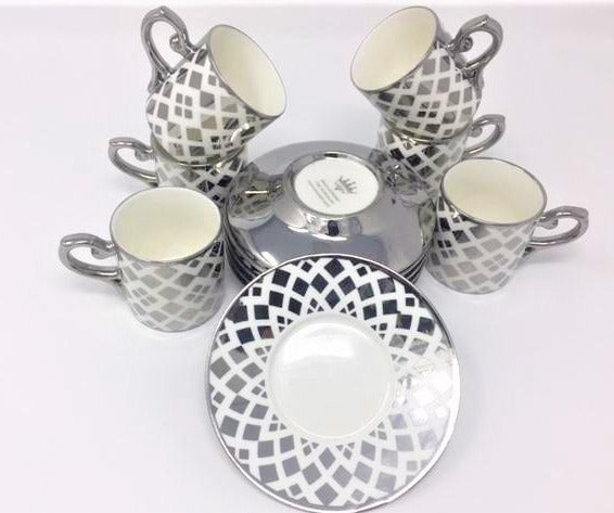 12 PC White & Silver Classic Coffee/ Tea/ Espresso Cups & Saucers